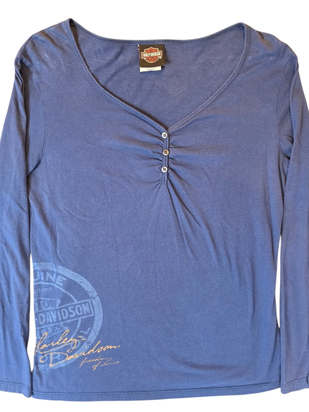 Harley-Davidson Women's Henley Top  Large Blue Bikercore Grunge Streetwear